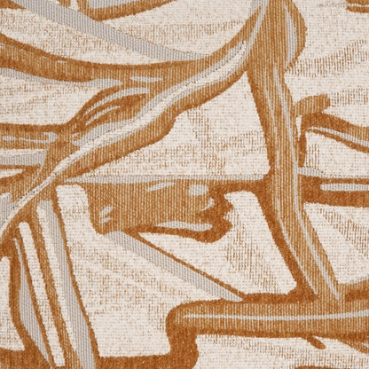 Beige pillow with an abstract floral tan-and-brown brushstroke pattern; textured woven fabric.