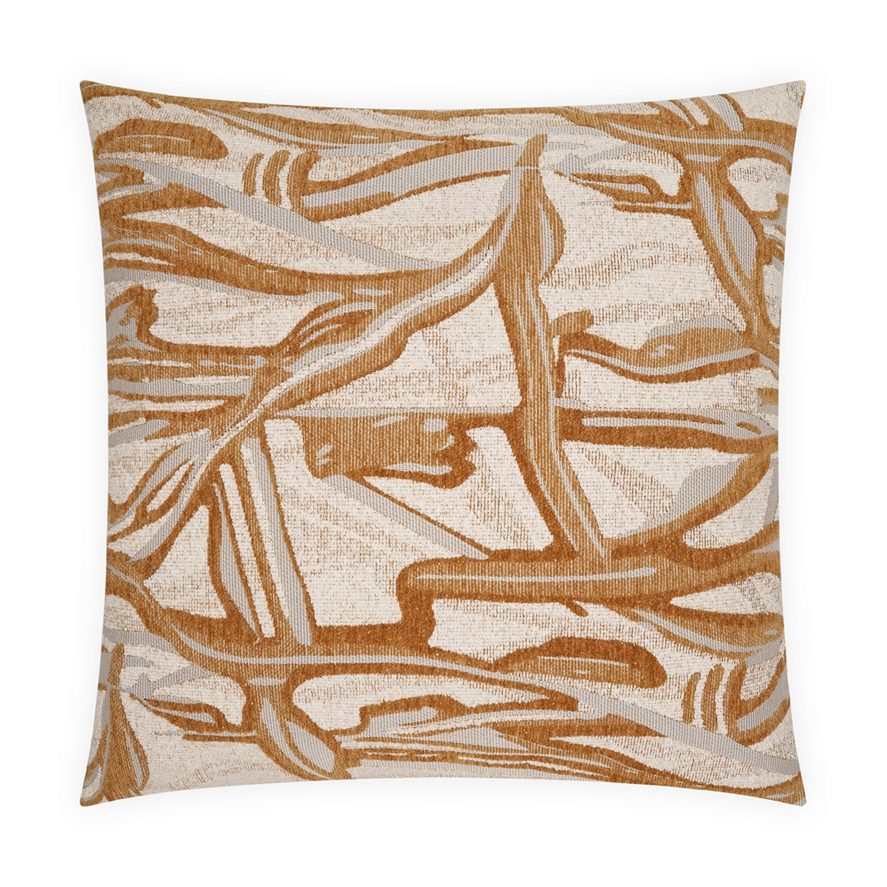 Square decorative throw pillow in cream with tan-gold abstract botanical pattern, woven texture.