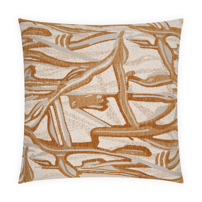 Square decorative throw pillow in cream with tan-gold abstract botanical pattern, woven texture.