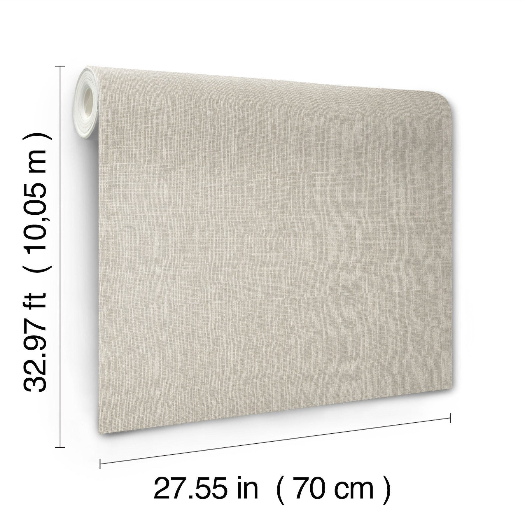 Beige linen-textured wallpaper roll, 70 cm wide by 10 m long.
