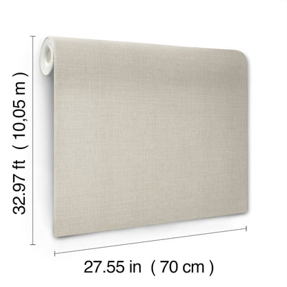 Beige linen-textured wallpaper roll, 70 cm wide by 10 m long.