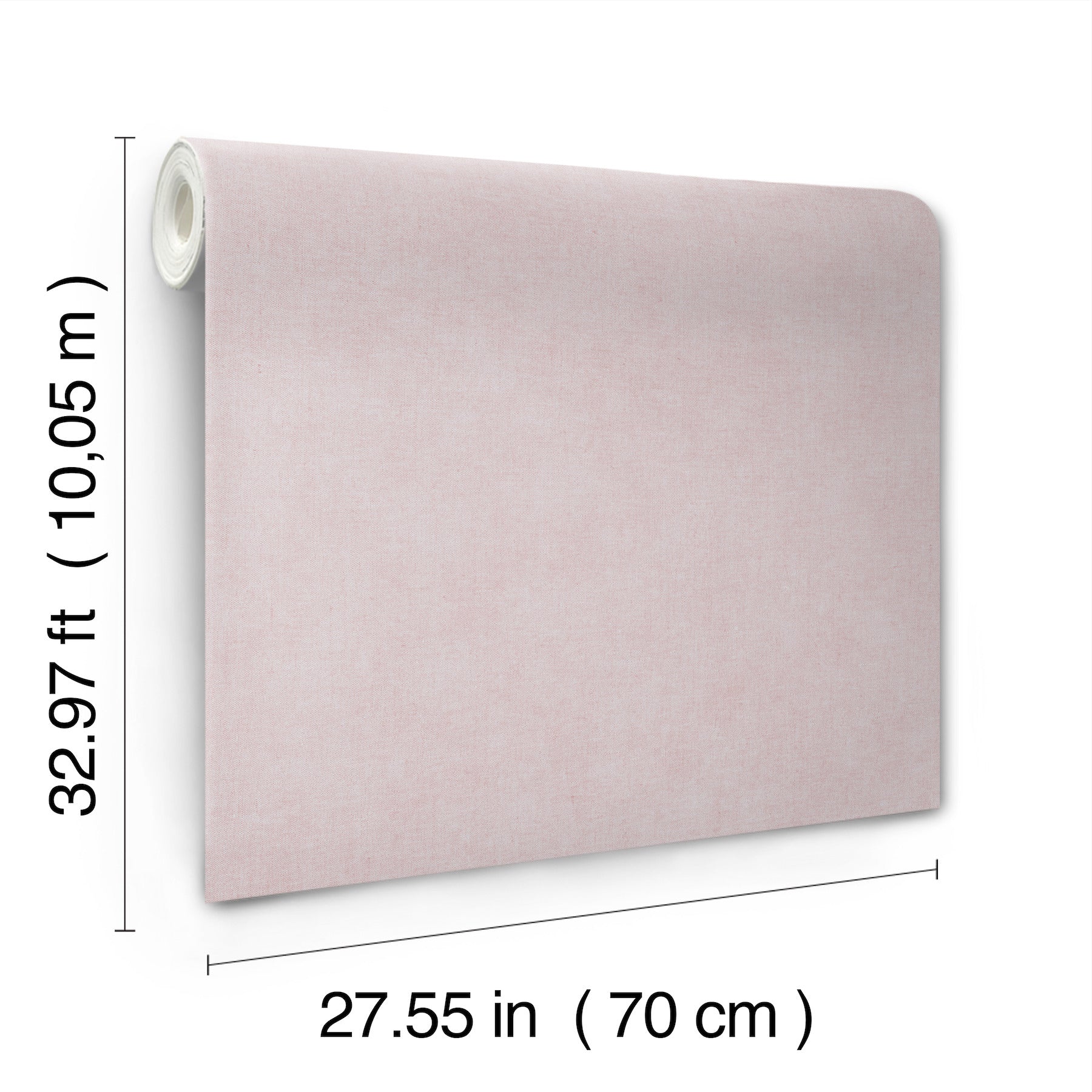 Lavender faux-linen wallpaper roll with a soft fabric-like texture, 70 cm wide and 10.05 m long.