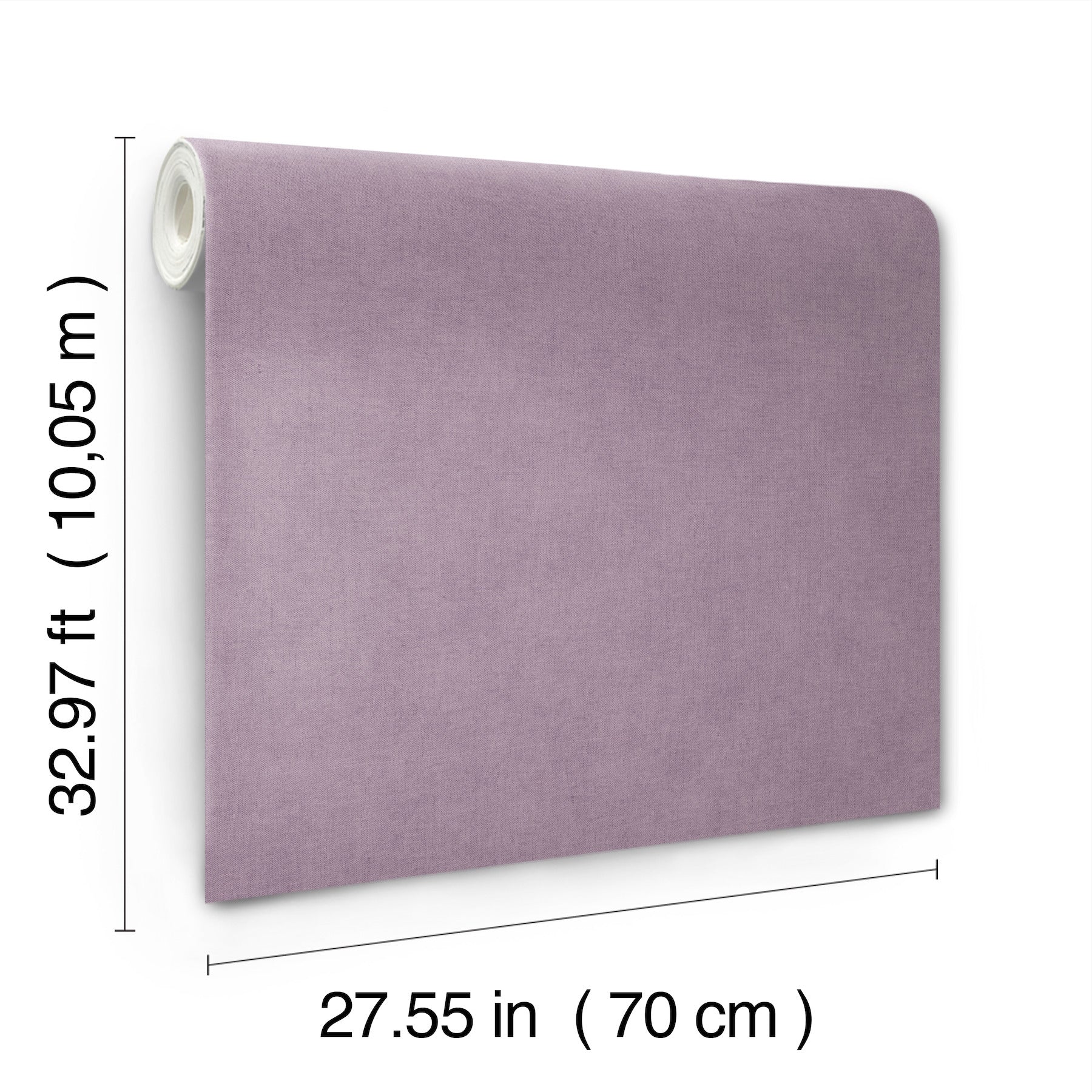 Lavender faux-linen wallpaper on a rolled bolt, 70 cm wide by about 10 m long.