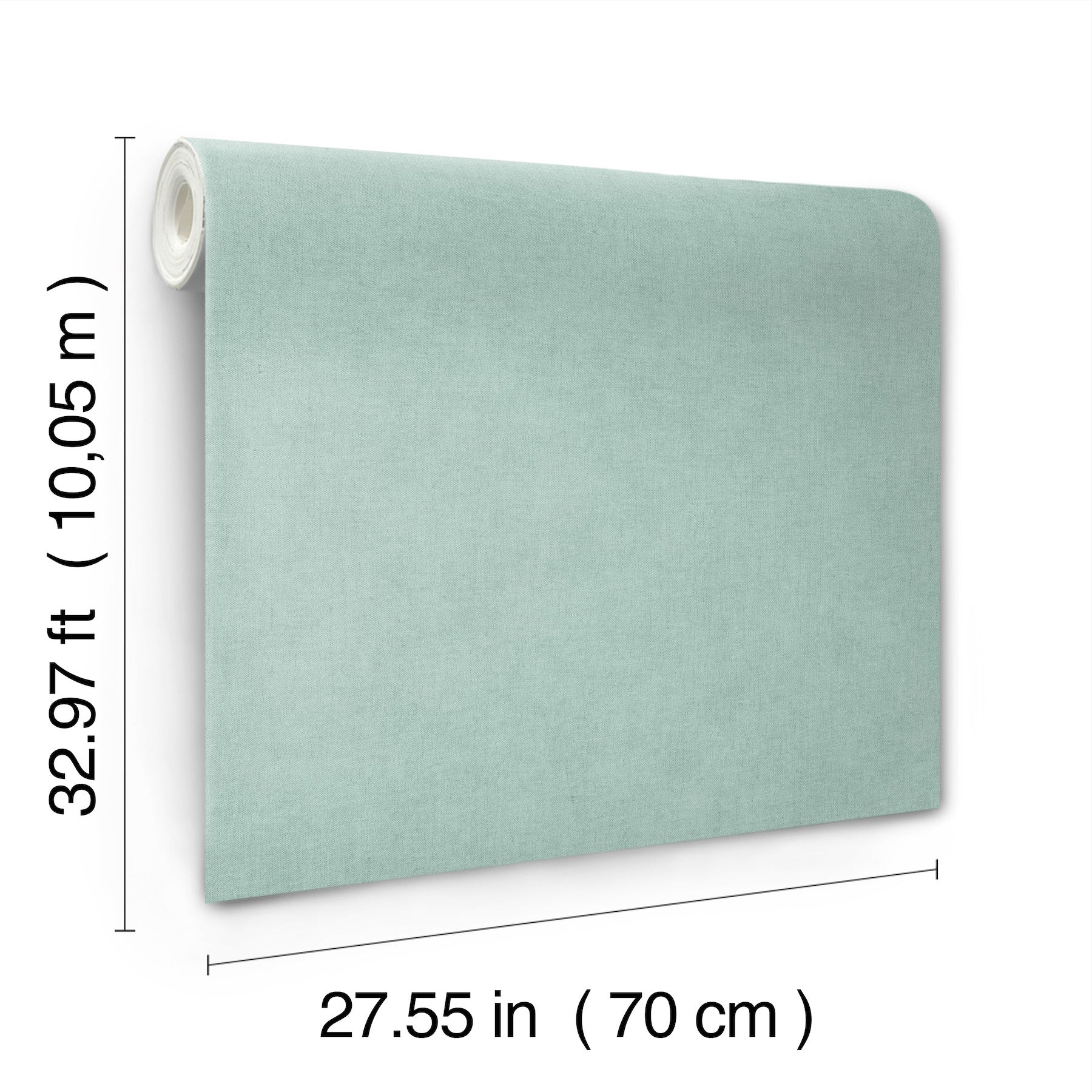 Aqua faux linen wallpaper roll, 70 cm wide by 10 m long, matte finish.