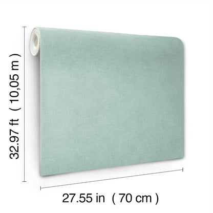 Aqua faux linen wallpaper roll, 70 cm wide by 10 m long, matte finish.