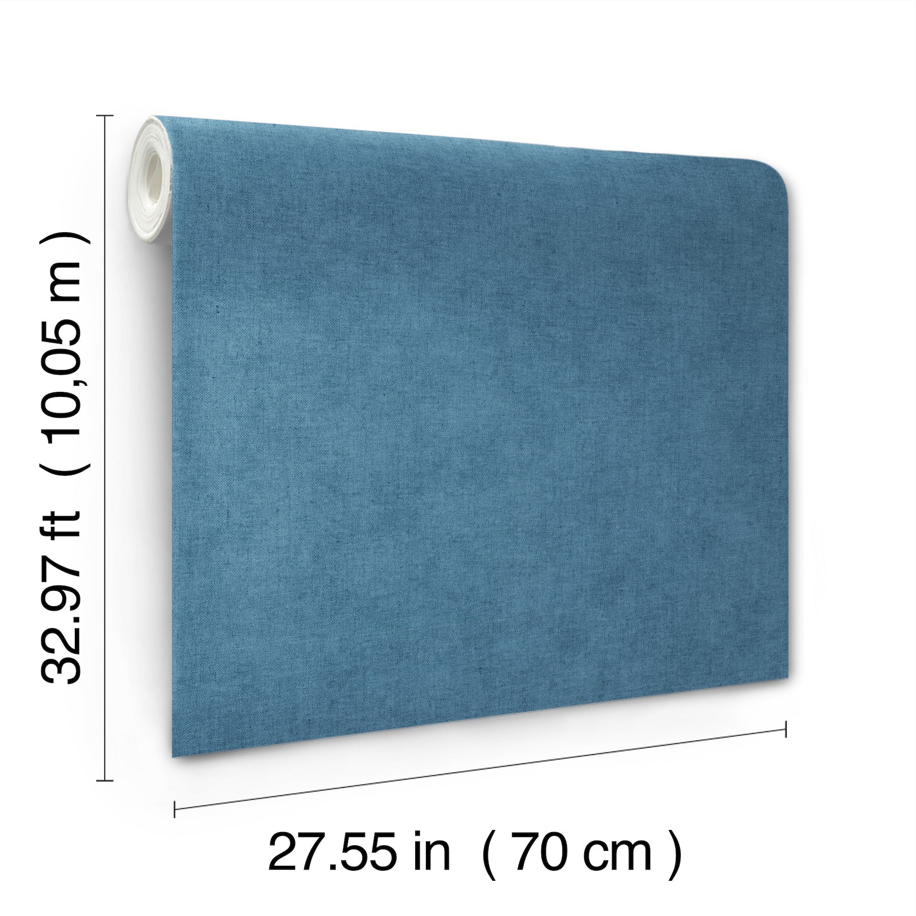 Blue textured wallpaper roll with fabric-like matte finish, 70 cm wide by 10.05 m long, ideal for wall coverings.