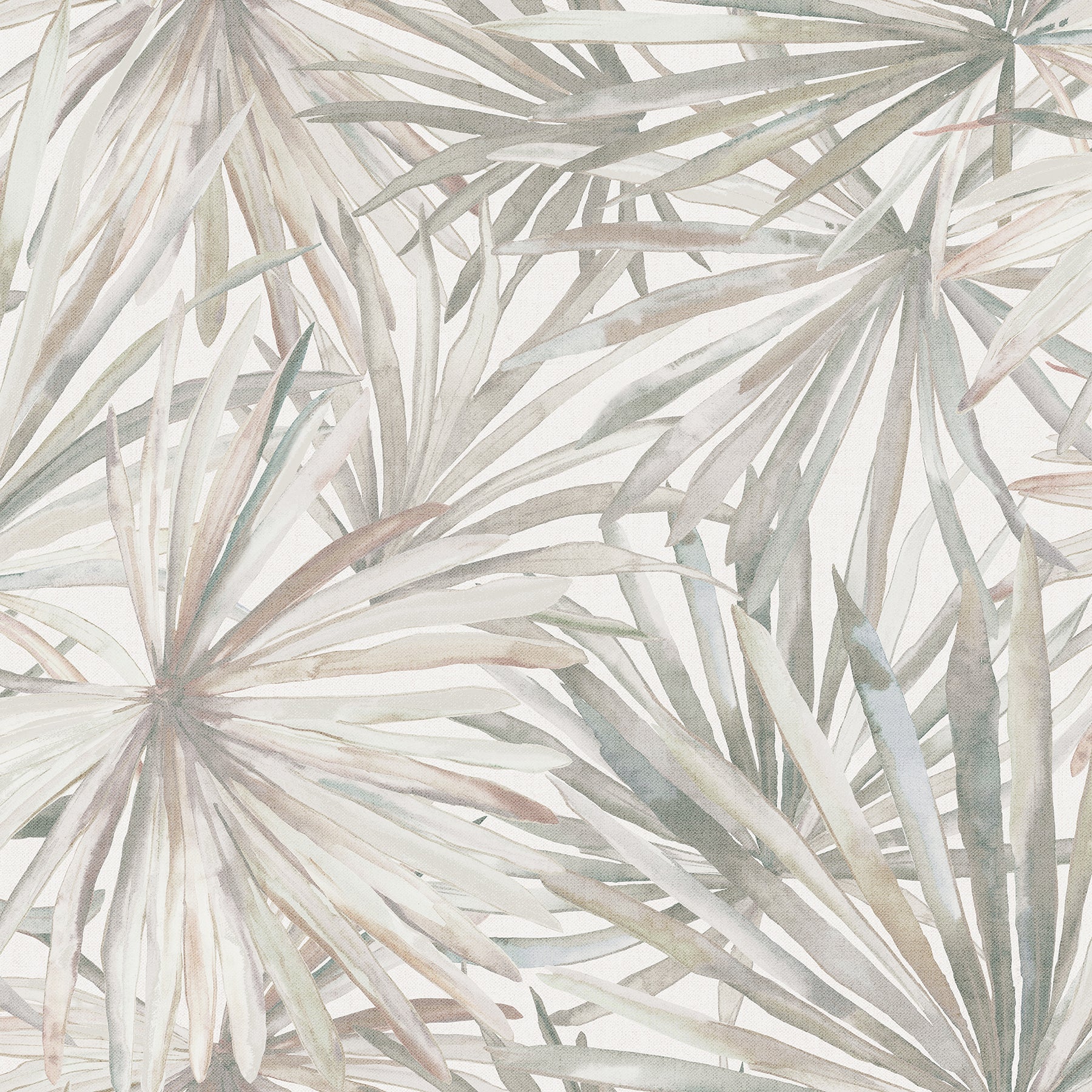 Pastel palm leaf wallpaper with watercolor fronds in muted greens, blues & beiges.