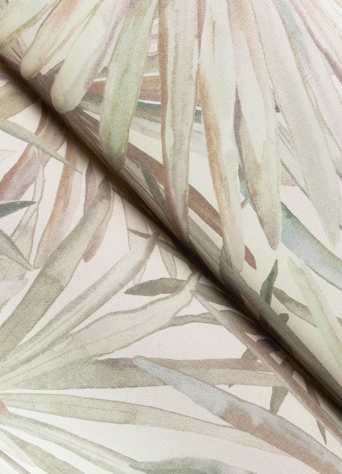 Pastel palm leaf wallpaper in cream with soft beige, pink, mint and gray tones.