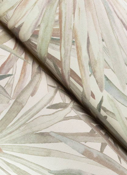 Pastel palm leaf wallpaper in cream with soft beige, pink, mint and gray tones.