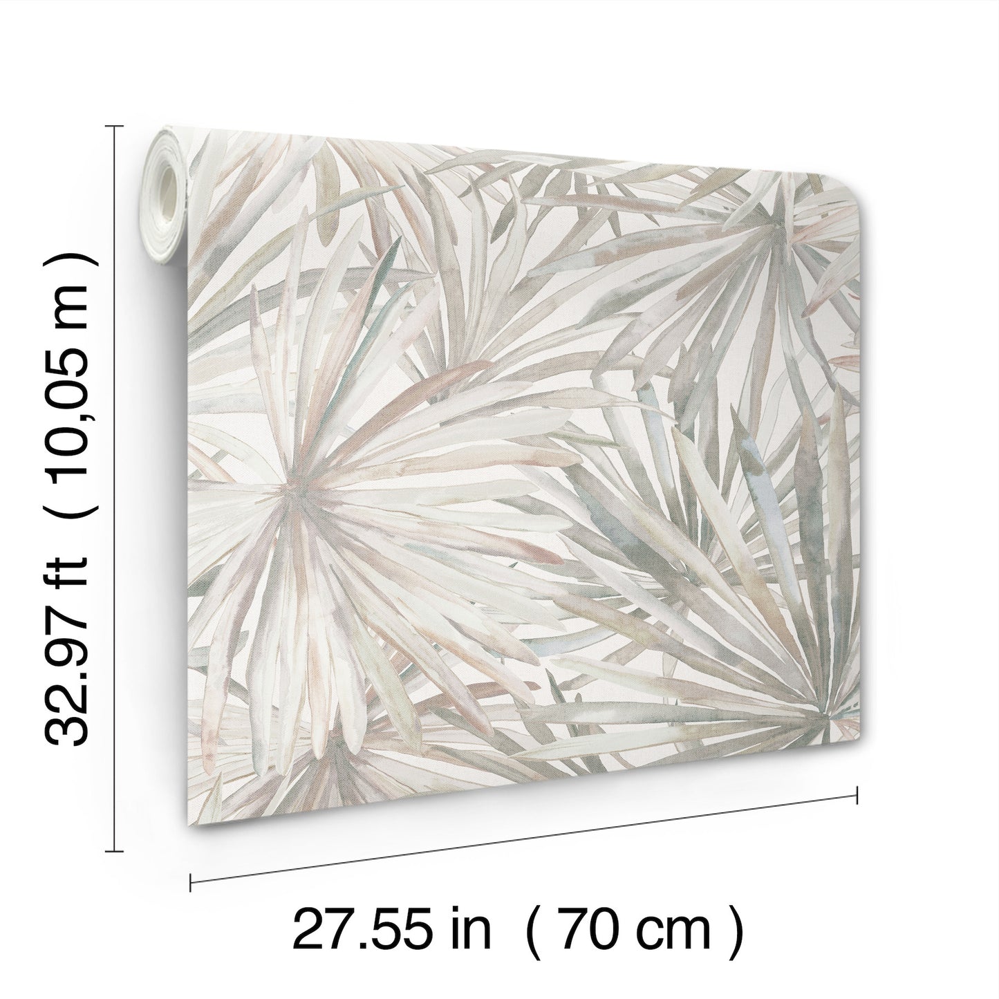 Palm leaf print on rounded-corner canvas; beige-gray tropical leaves on white, wall art decor, 70 cm wide.