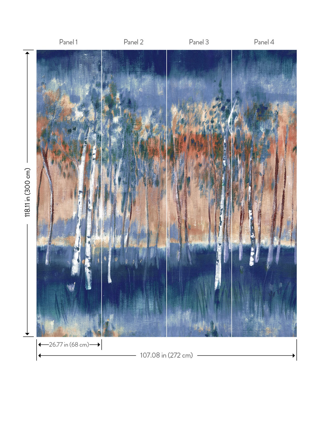 Four-panel wall mural: abstract forest scene with white-barked birch trees against dark blue sky and orange-brown ground.