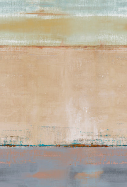 Abstract coastal landscape wallpaper with pastel blues, warm sand beige, pale yellow horizon, and teal-blue water at the edge.