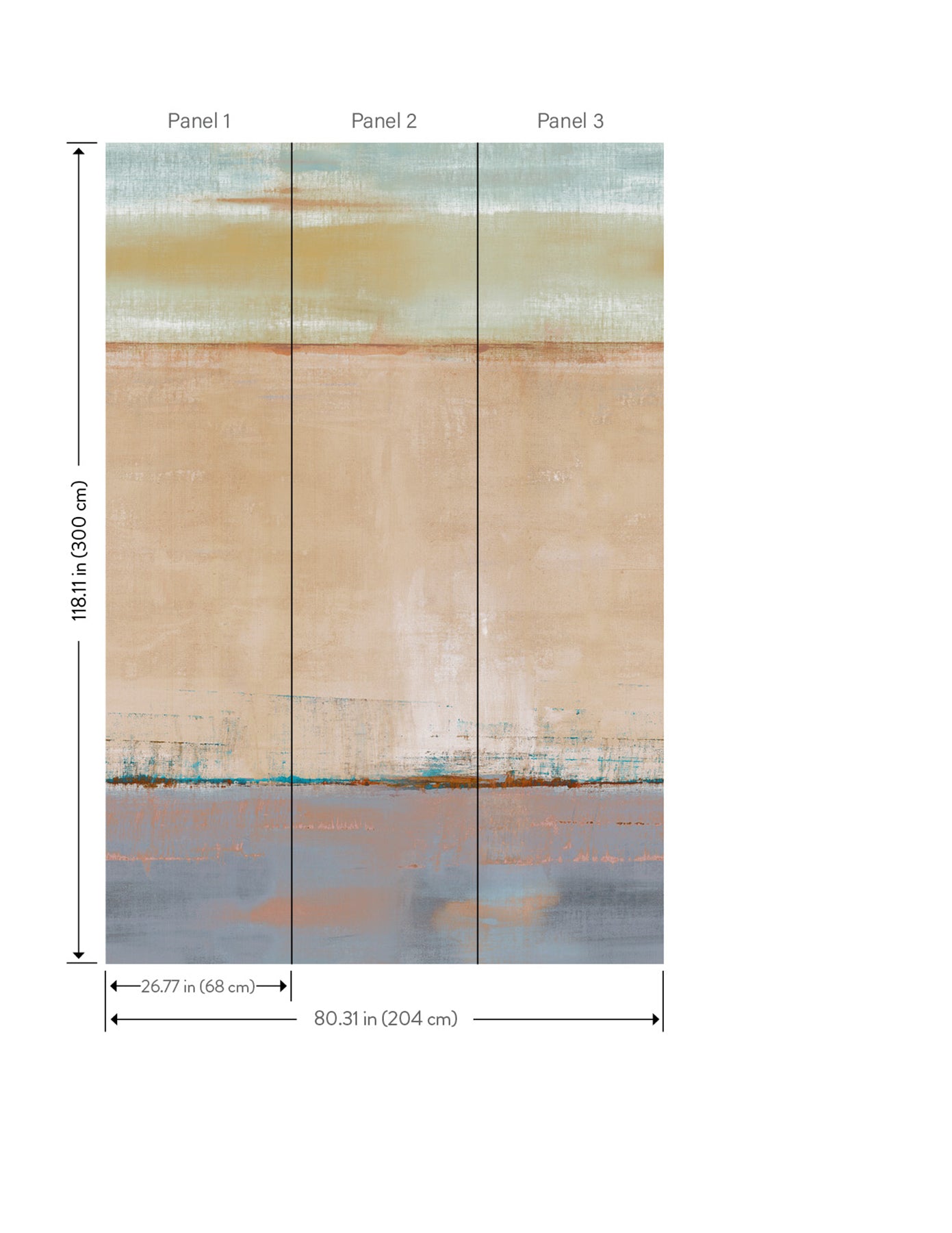 Triptych wall mural: abstract neutral design across three vertical panels with teal top, beige middle, and blue-gray bottom.