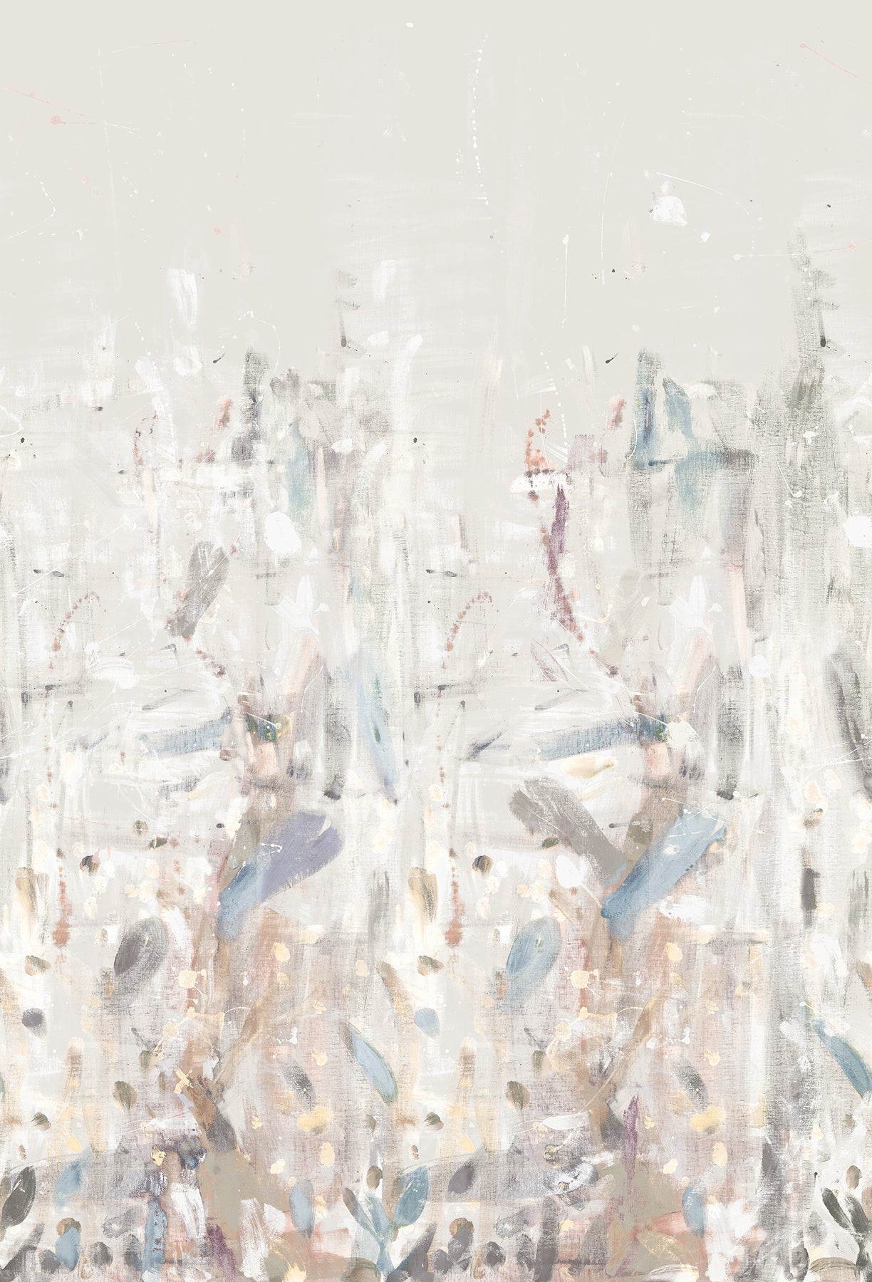 Soft abstract painting with pale ivory background and wispy pastel blooms in blue, pink, lavender and beige.