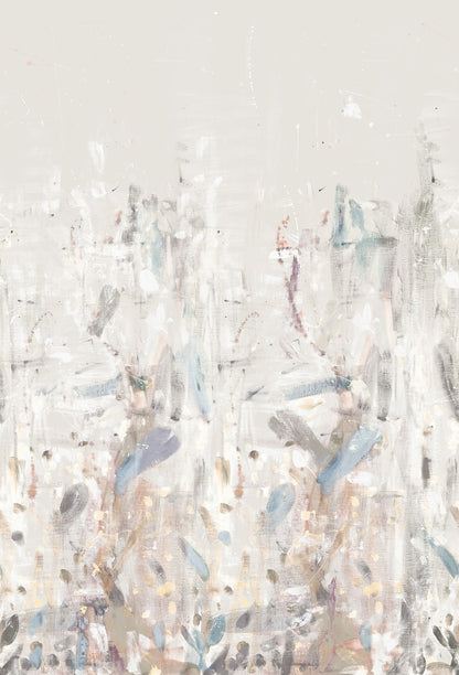 Soft abstract painting with pale ivory background and wispy pastel blooms in blue, pink, lavender and beige.