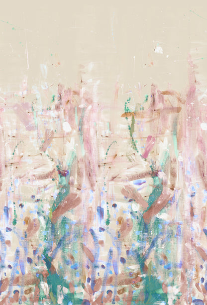 Abstract pastel floral wallpaper: beige backdrop with pink, mint, and blue stems, soft brushstrokes and speckled accents.