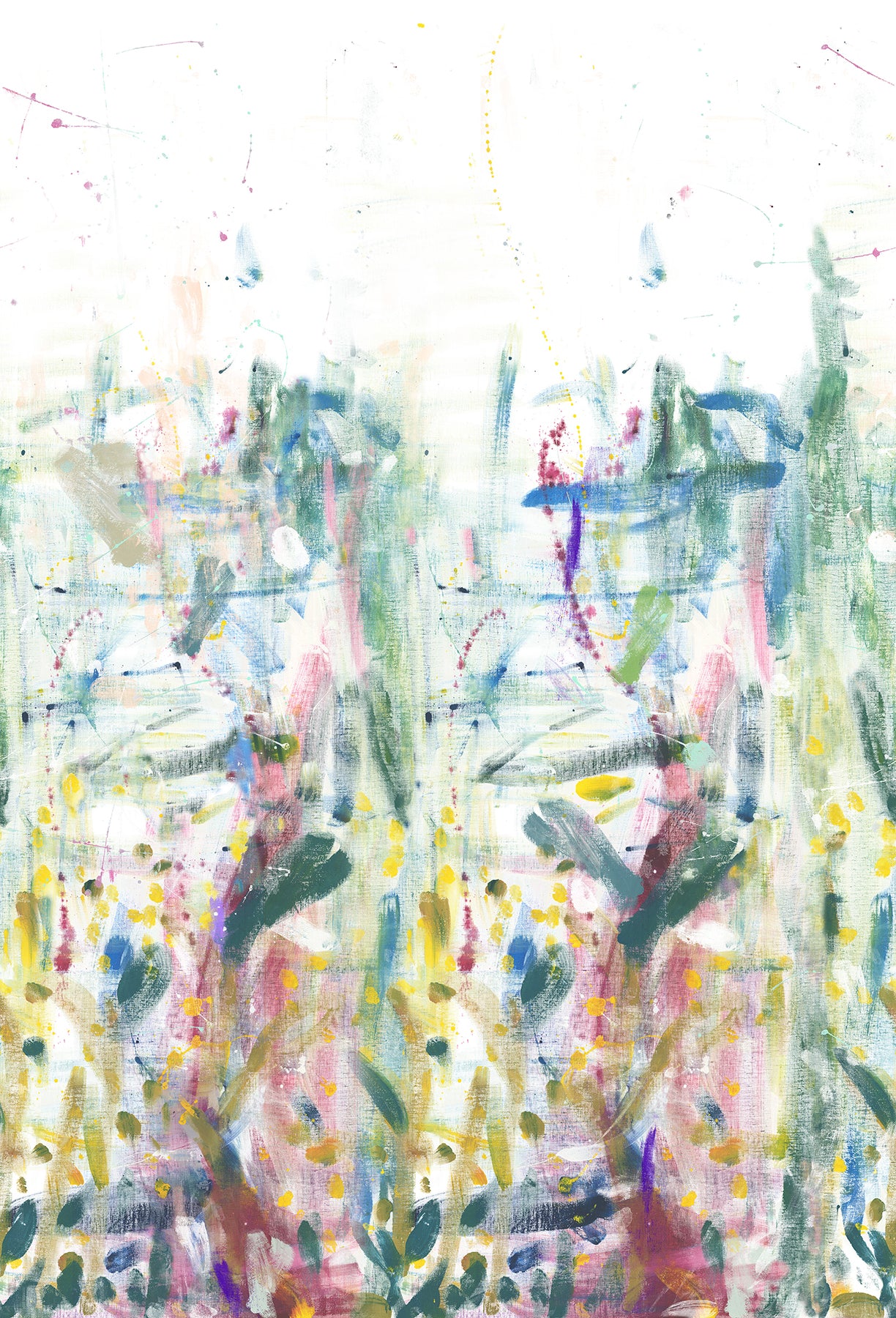 Abstract neutral wall mural with vertical brushstrokes in pale greens, blues, pinks and yellows.