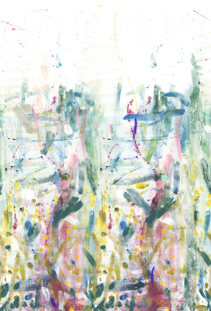 Abstract neutral wall mural with vertical brushstrokes in pale greens, blues, pinks and yellows.