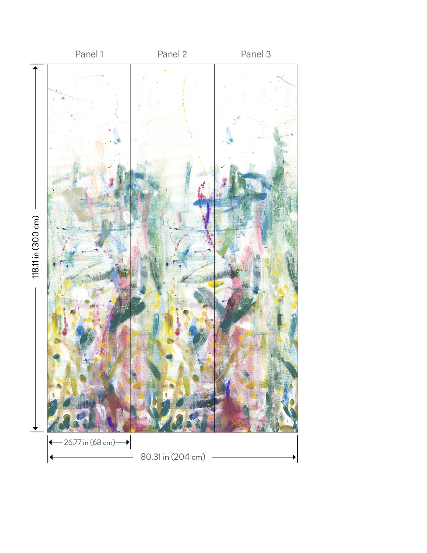 Triptych abstract neutral wall mural; three vertical panels; total 204 cm wide by 180 cm high.