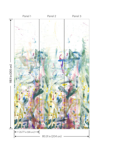 Triptych abstract neutral wall mural; three vertical panels; total 204 cm wide by 180 cm high.