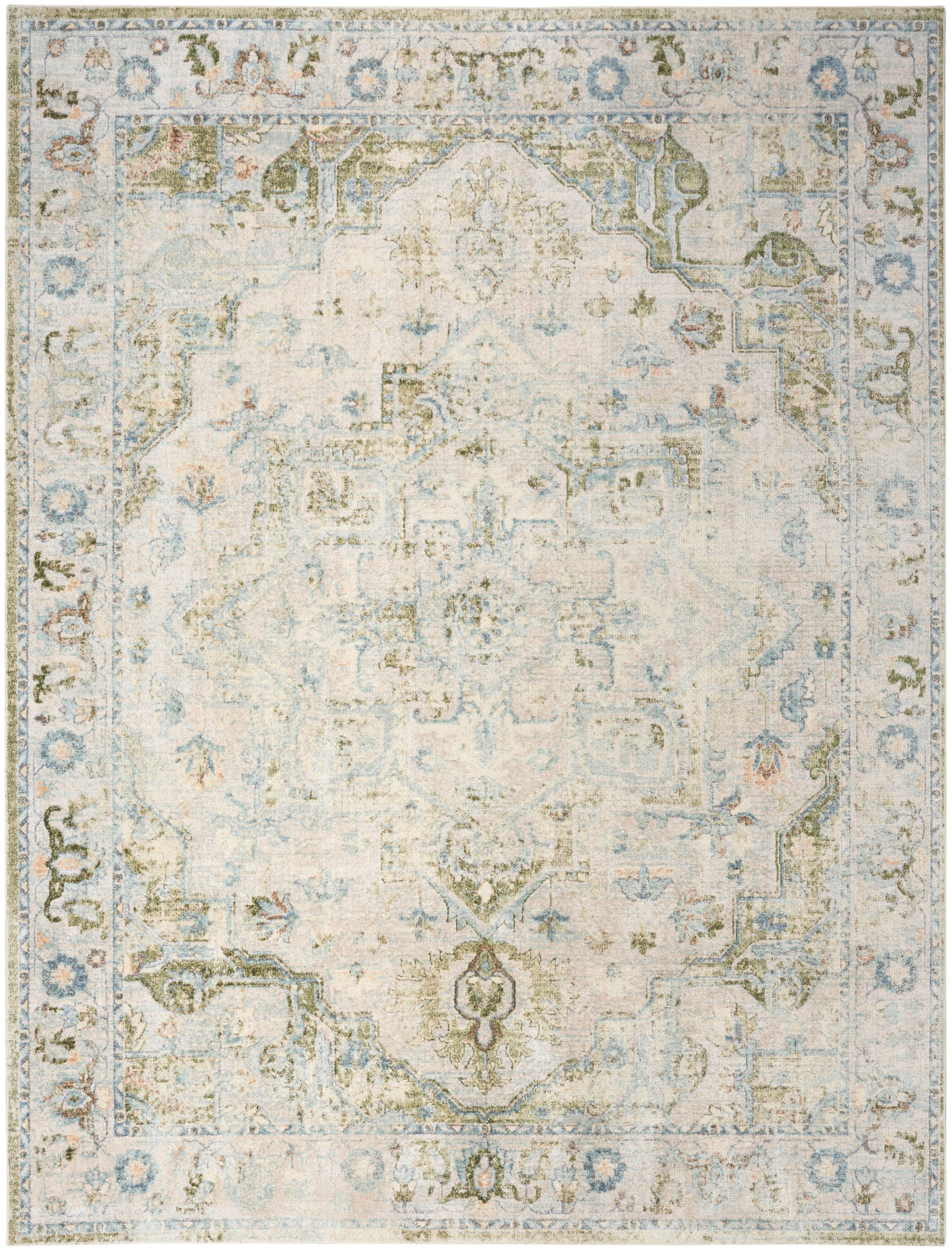 Distressed vintage-style area rug in ivory with pale blue and sage accents; ornate central medallion and border.
