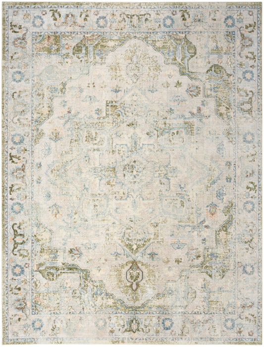 Distressed vintage-style area rug in ivory with pale blue and sage accents; ornate central medallion and border.