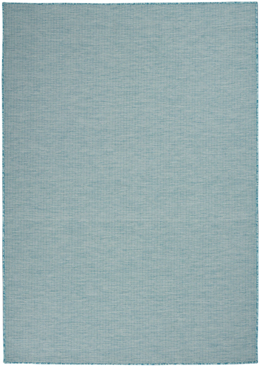 Rectangular light teal-blue woven rug with subtle grid texture and stitched border.