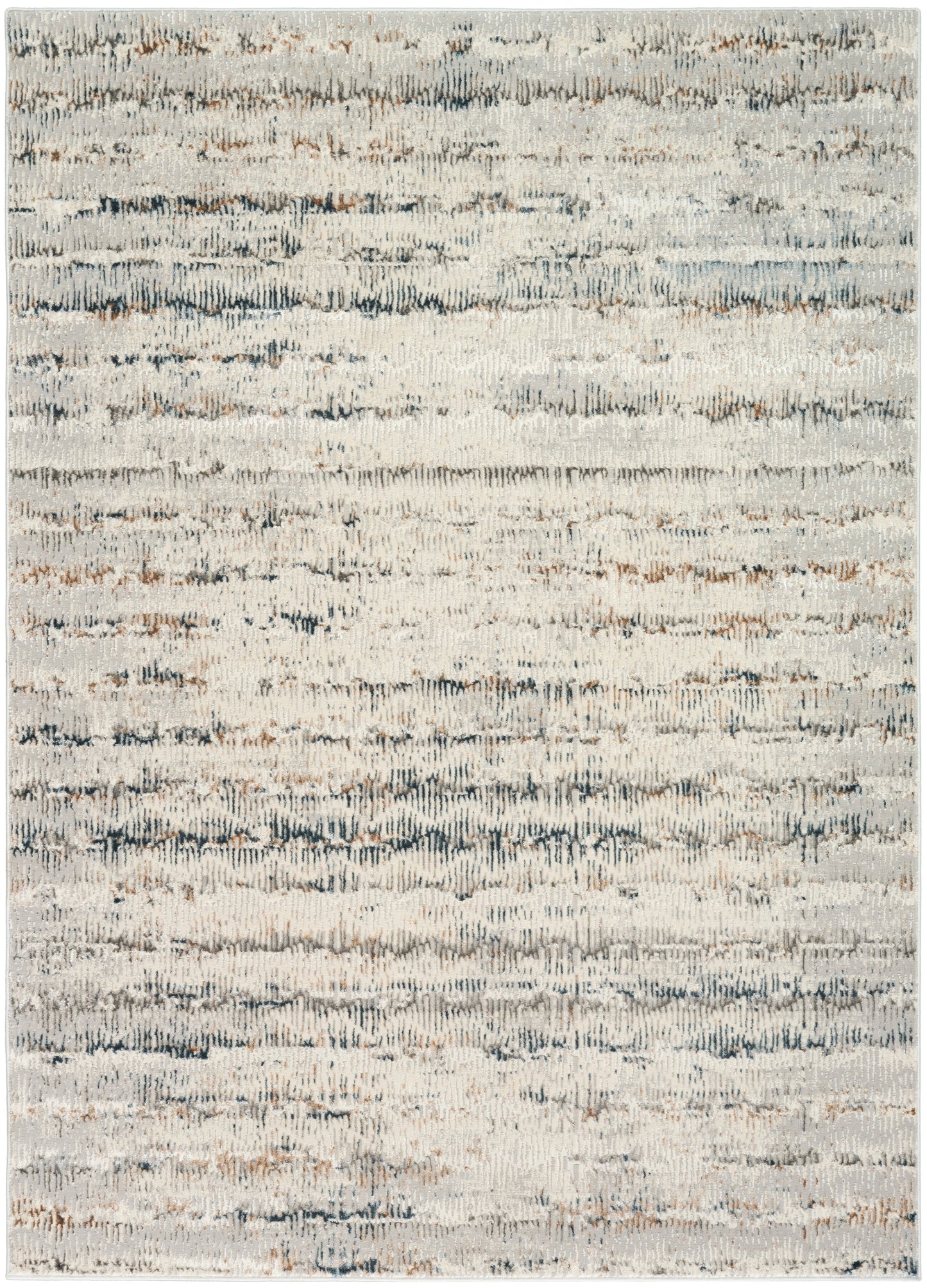 Soft abstract striped area rug in gray, ivory, and blue tones with a textured, plush surface.
