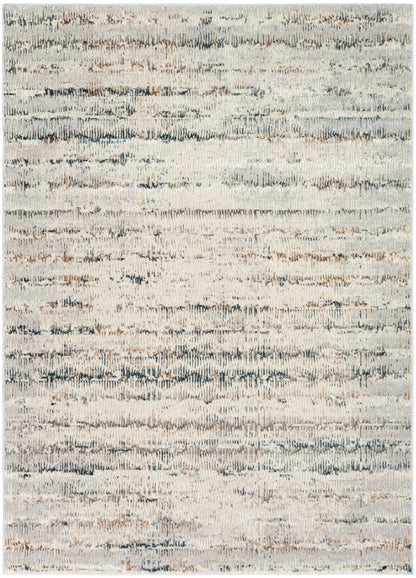 Soft abstract striped area rug in gray, ivory, and blue tones with a textured, plush surface.