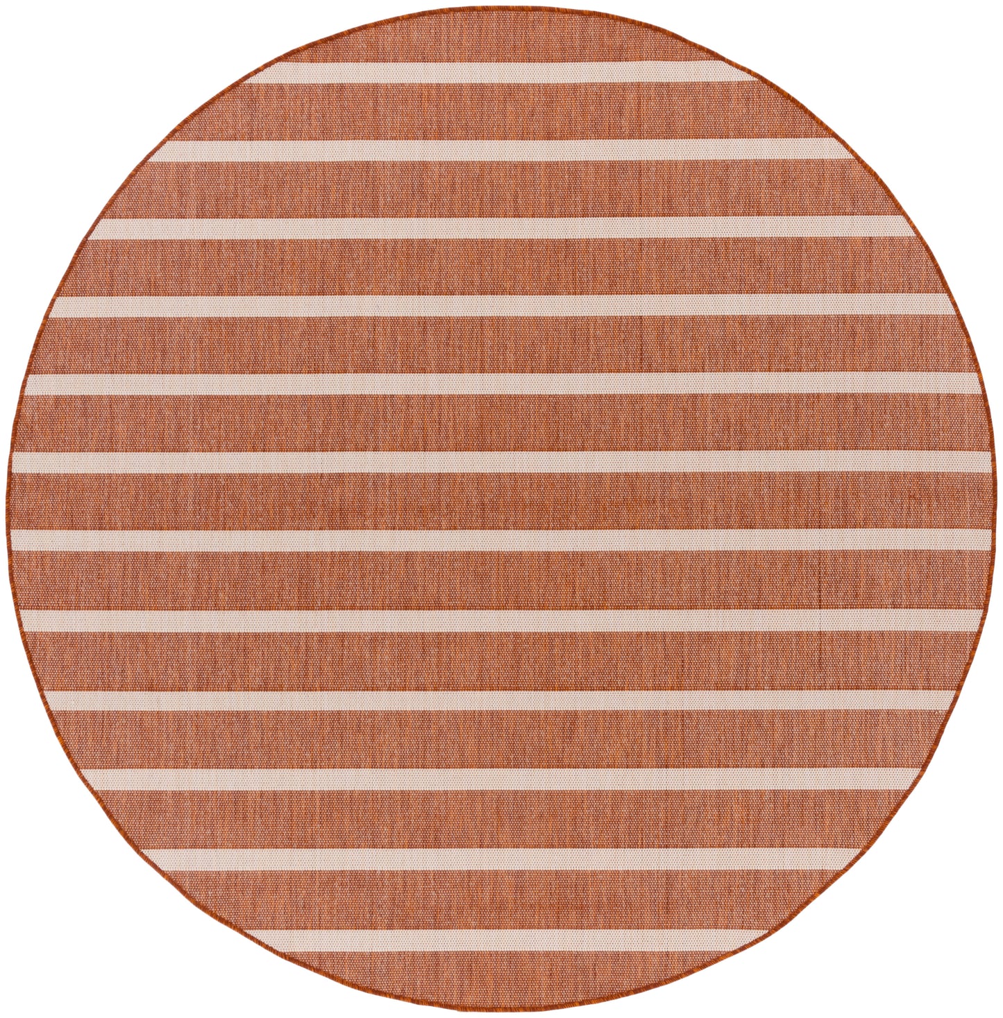 Round orange-brown jute rug with light beige horizontal stripes; casual coastal style.