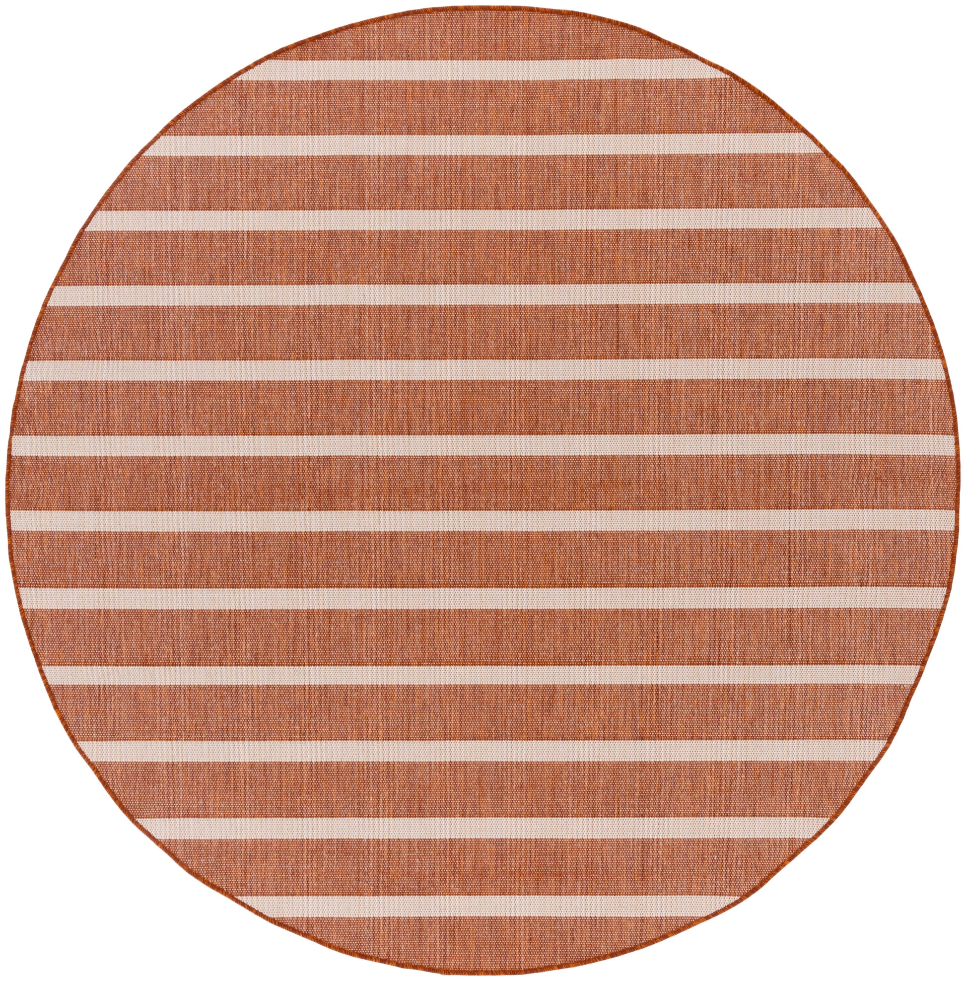 Round orange-brown jute rug with light beige horizontal stripes; casual coastal style.