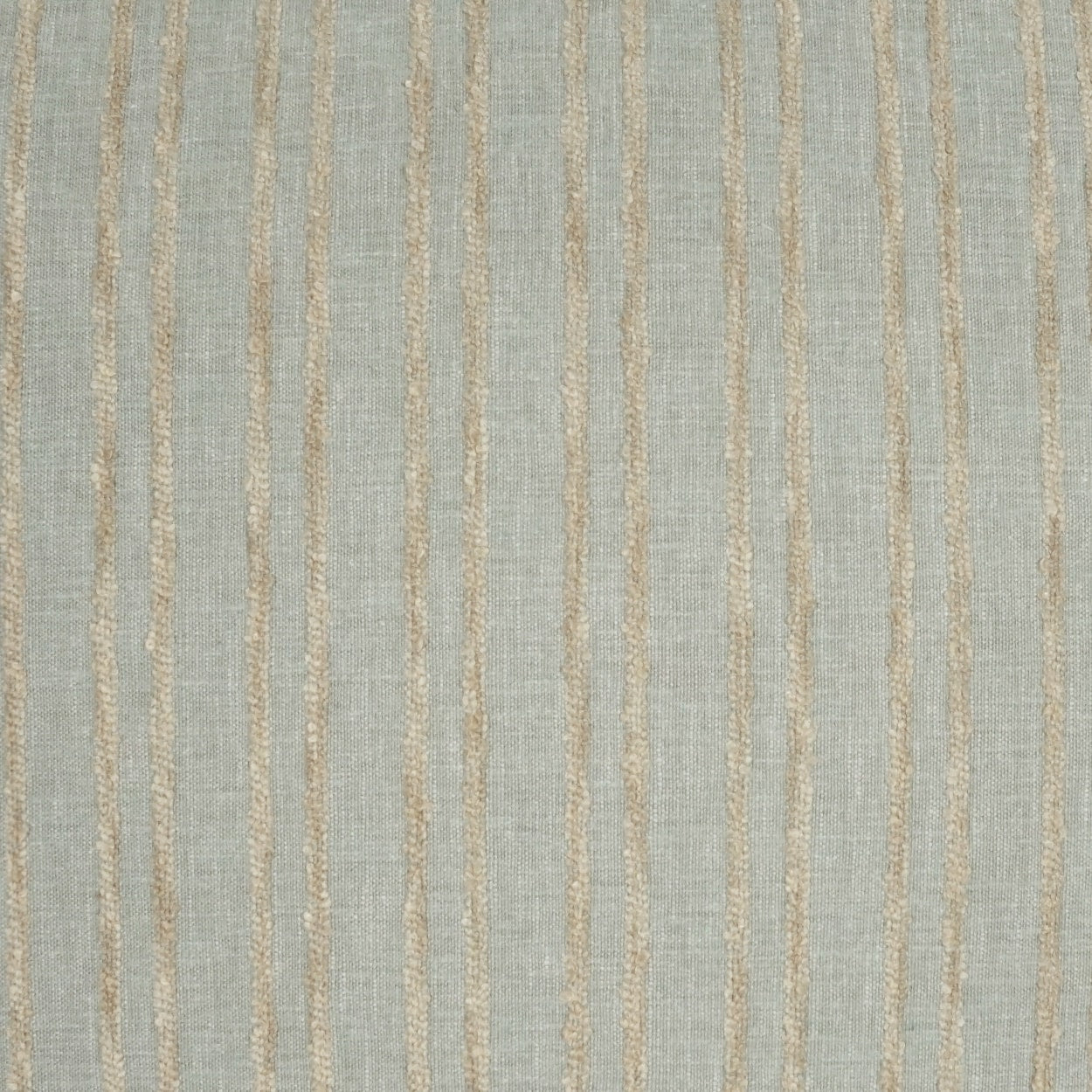 Light blue-gray linen-style fabric with narrow vertical beige-gold stripes; textured weave for upholstery or drapery.