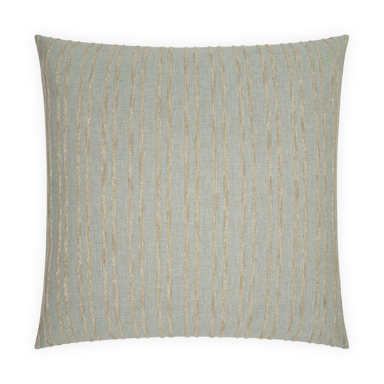 Square decorative throw pillow in textured blue-gray fabric with vertical gold stripes.