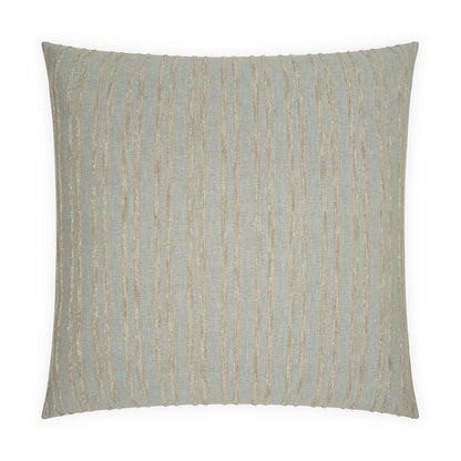 Square decorative throw pillow in textured blue-gray fabric with vertical gold stripes.