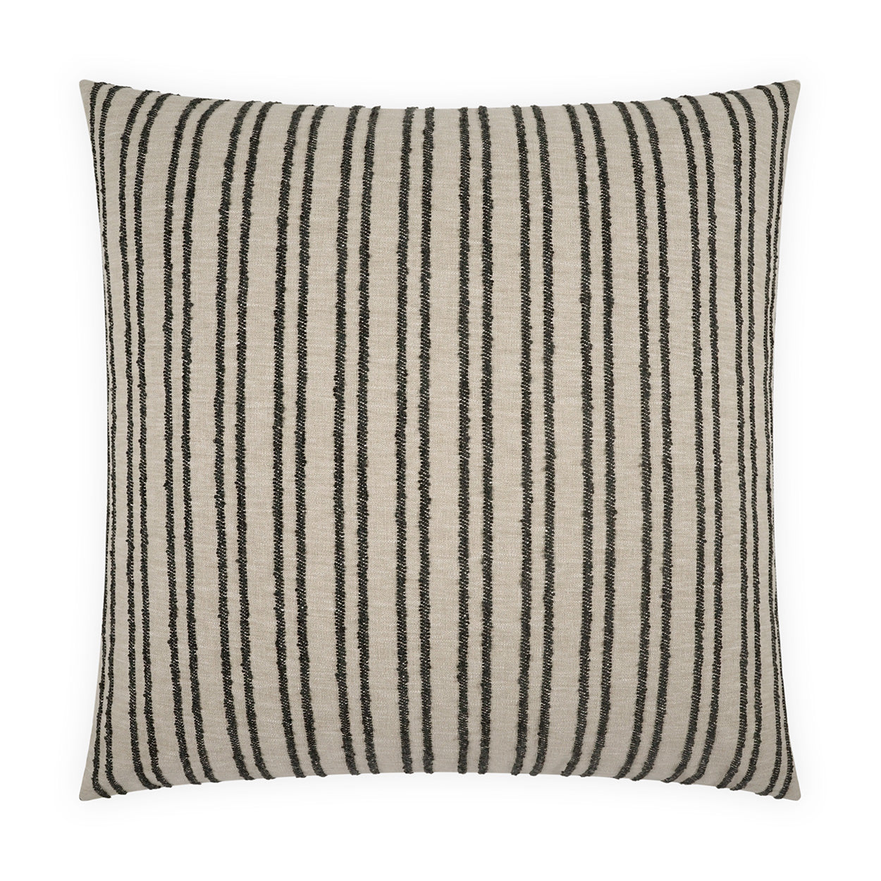 Beige square pillow with narrow black vertical stripes and woven texture.