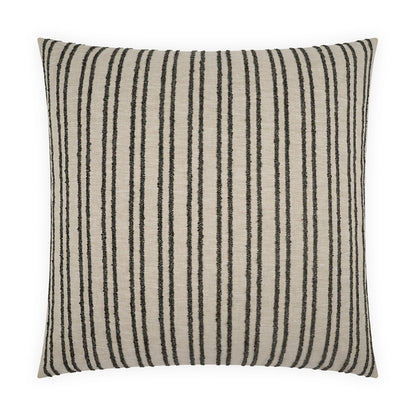 Beige square pillow with narrow black vertical stripes and woven texture.