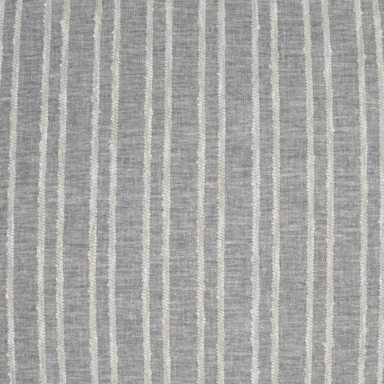 Gray woven fabric with cream vertical stripes; linen-like texture, upholstery style.