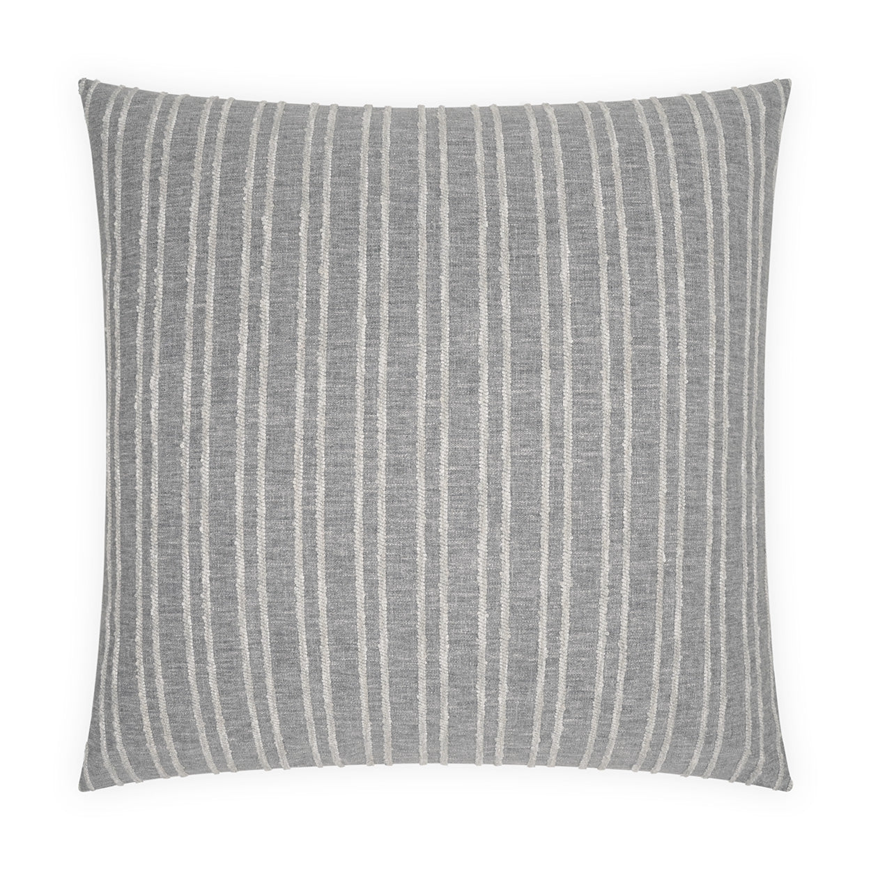 Grey square pillow with white vertical stripes in a woven textured fabric.