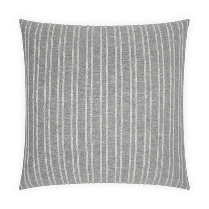 Grey square pillow with white vertical stripes in a woven textured fabric.
