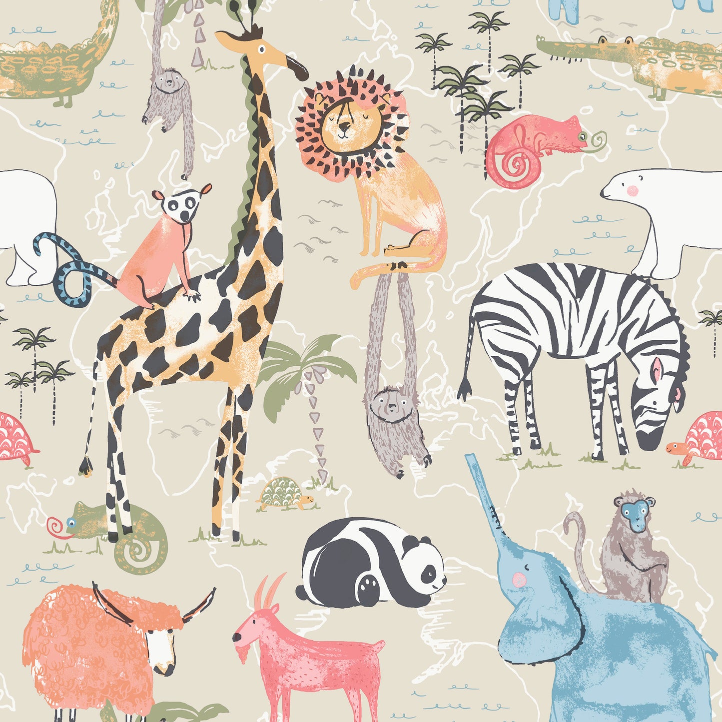 York Wallcoverings Advantage Safari Animals Beige Jungle Friends Wallpaper Animals Kids Beige  Wallpaper - 4203-27540