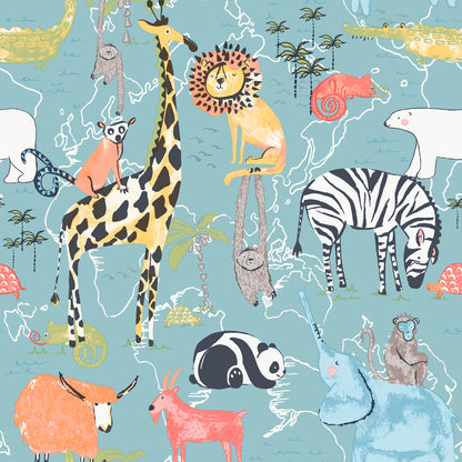 Whimsical jungle pattern with giraffe, lion, zebra, panda, elephant, monkey, sloth and more on blue background