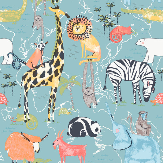 York Wallcoverings Advantage Safari Animals Blue Jungle Friends Wallpaper Animals Kids Blue  Wallpaper - 4203-27541