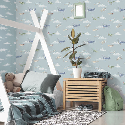 York Wallcoverings Advantage Aeroplanes Blue Skies Wallpaper Transportation Kids Blue  Wallpaper - 4203-27548