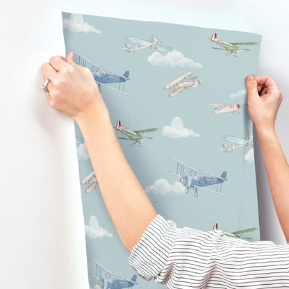 York Wallcoverings Advantage Aeroplanes Blue Skies Wallpaper Transportation Kids Blue  Wallpaper - 4203-27548