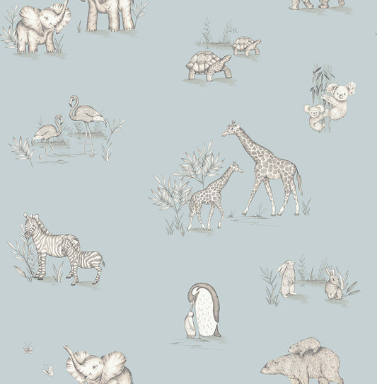 York Wallcoverings Advantage Safari Babies Blue Animal Wallpaper Animals Kids Blue  Wallpaper - 4203-27551