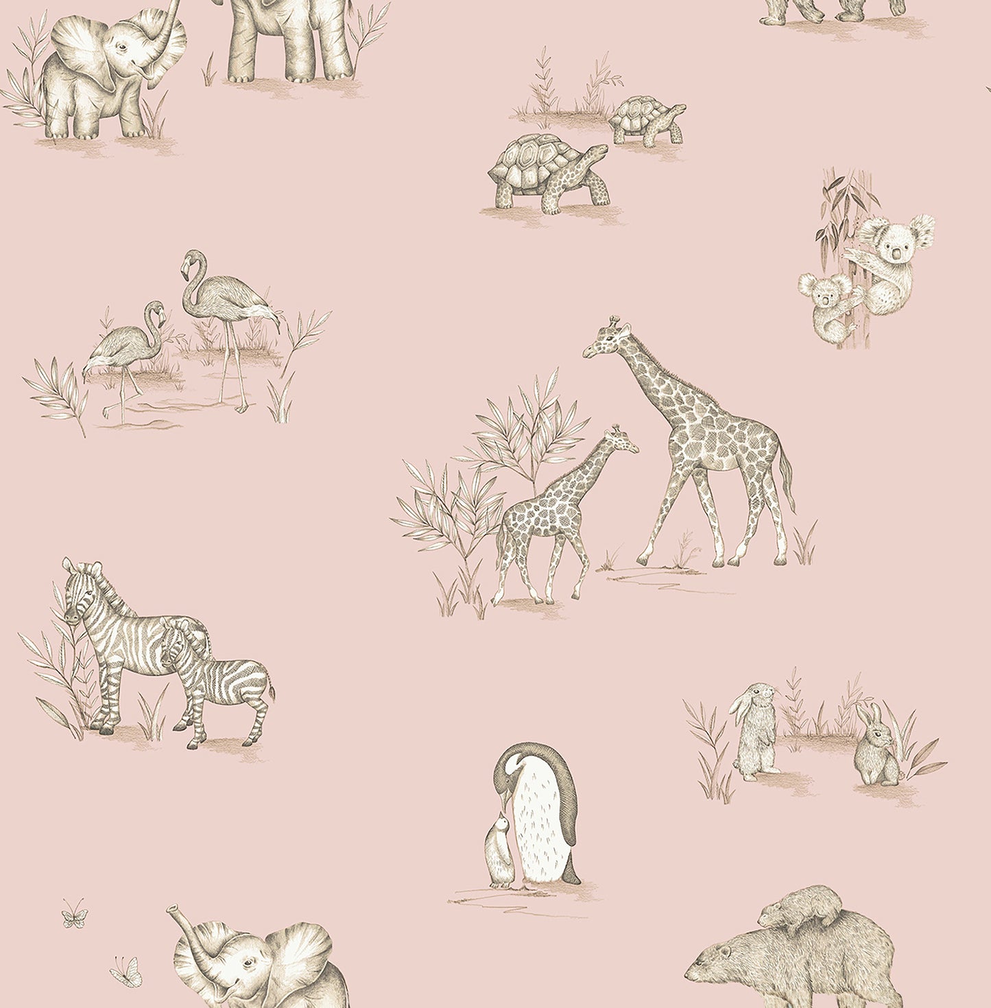 Sepia hand-drawn safari animals pattern on dusty pink background; giraffes & zebras, elephants & flamingos.
