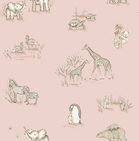 York Wallcoverings Advantage Safari Babies Pink Animal Wallpaper Animals Kids Pink  Wallpaper - 4203-27552