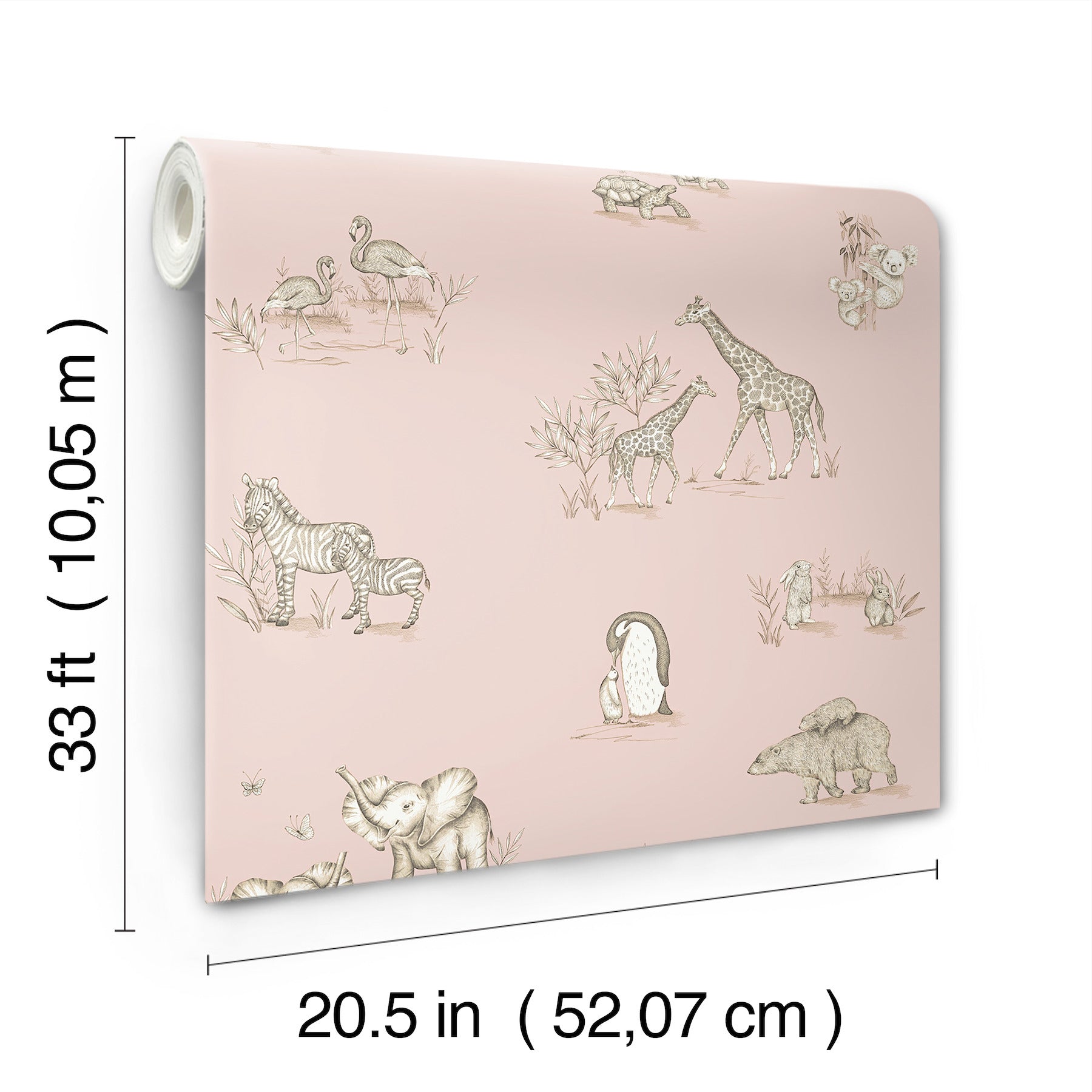 Soft pink wallpaper roll with beige safari animals motif; 20.5 in wide, 33 ft long.