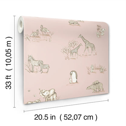 Soft pink wallpaper roll with beige safari animals motif; 20.5 in wide, 33 ft long.