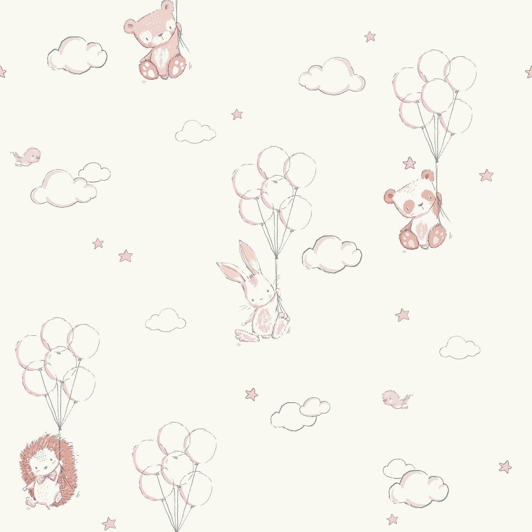 Pastel pink line-drawn nursery pattern with bears, bunny, hedgehog, clouds, stars and balloon clusters on cream background.